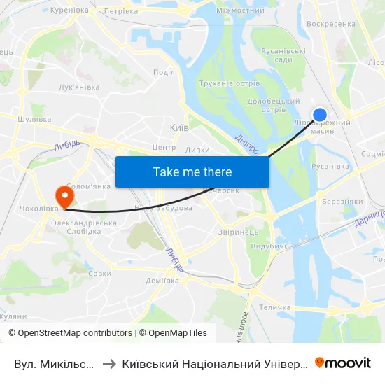 Вул. Микільсько-Слобідська to Київський Національний Університет Будівництва І Архітектури map