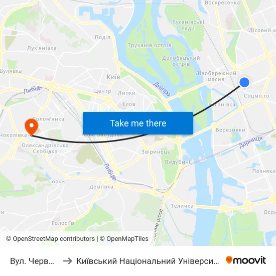 Вул. Червоноткацька to Київський Національний Університет Будівництва І Архітектури map