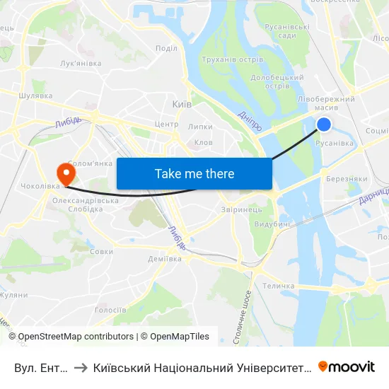 Вул. Ентузіастів to Київський Національний Університет Будівництва І Архітектури map