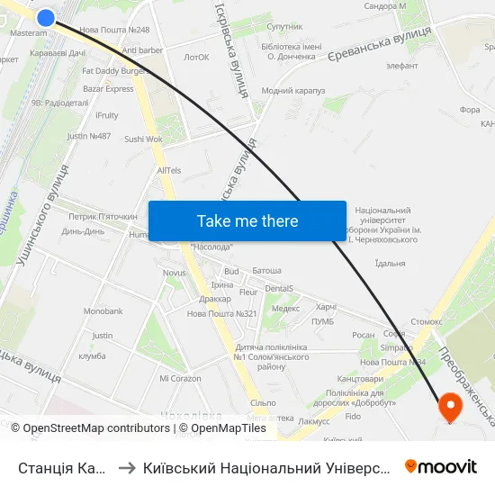 Станція Караваєвi Дачі to Київський Національний Університет Будівництва І Архітектури map