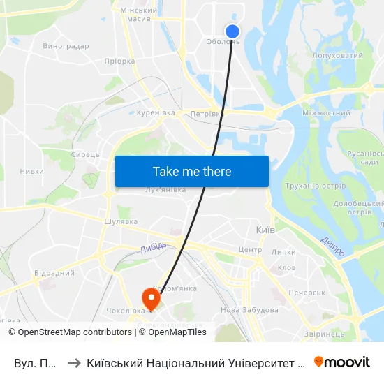 Вул. Прирічна to Київський Національний Університет Будівництва І Архітектури map
