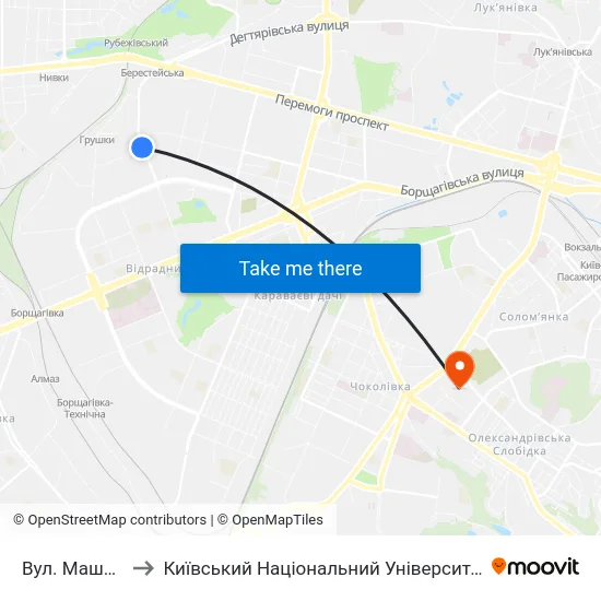 Вул. Машинобудівна to Київський Національний Університет Будівництва І Архітектури map