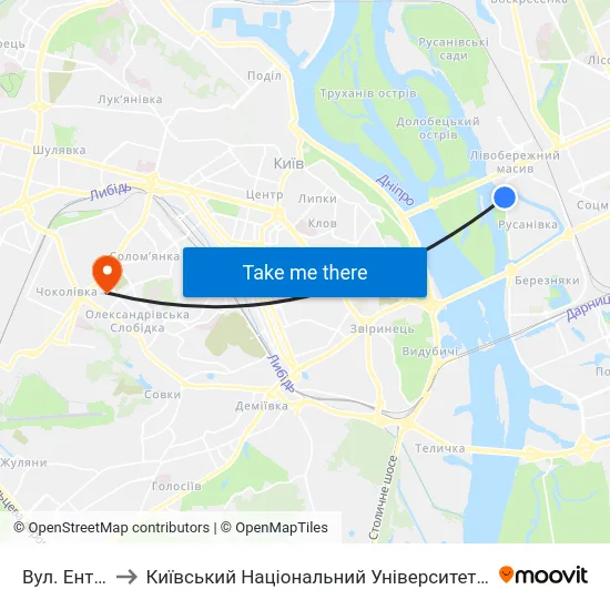 Вул. Ентузіастів to Київський Національний Університет Будівництва І Архітектури map