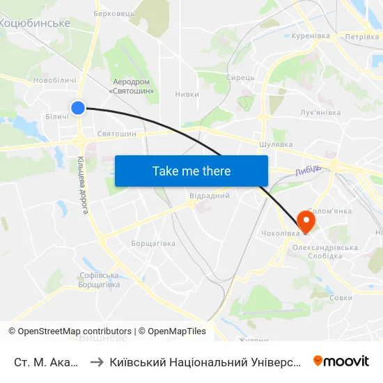 Ст. М. Академмістечко to Київський Національний Університет Будівництва І Архітектури map