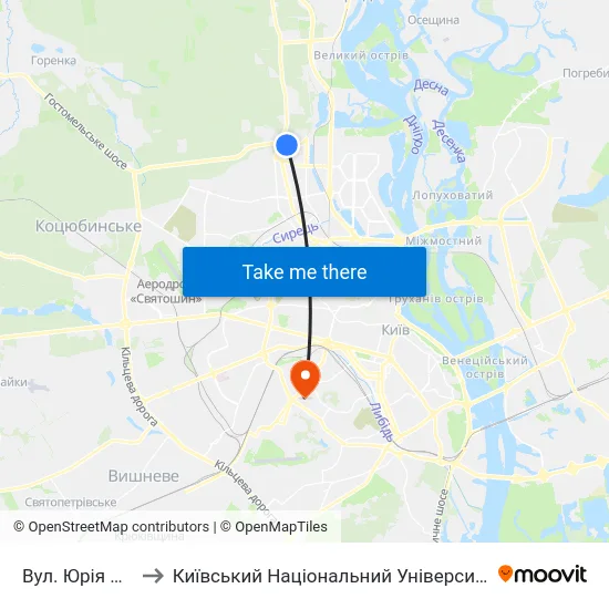 Вул. Юрія Кондратюка to Київський Національний Університет Будівництва І Архітектури map