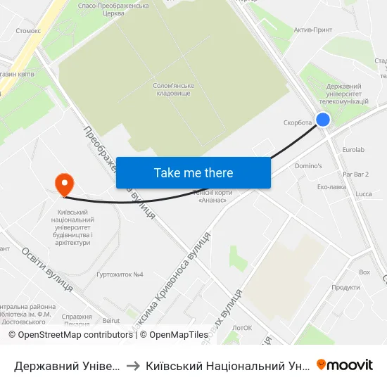 Державний Університет Телекомунікацій to Київський Національний Університет Будівництва І Архітектури map
