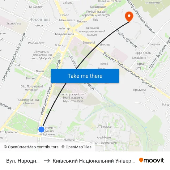 Вул. Народного Ополчення to Київський Національний Університет Будівництва І Архітектури map