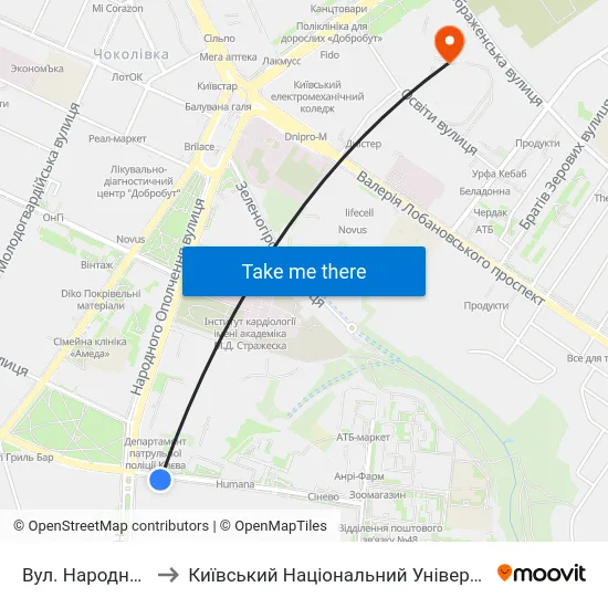 Вул. Народного Ополчення to Київський Національний Університет Будівництва І Архітектури map