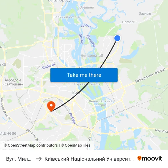 Вул. Милославська to Київський Національний Університет Будівництва І Архітектури map