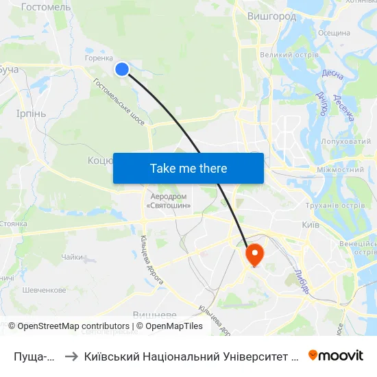 Пуща-Водиця to Київський Національний Університет Будівництва І Архітектури map