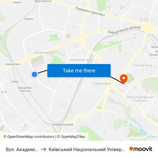 Вул. Академіка Білецького to Київський Національний Університет Будівництва І Архітектури map