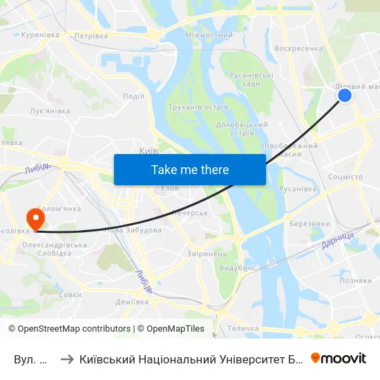 Вул. Юності to Київський Національний Університет Будівництва І Архітектури map