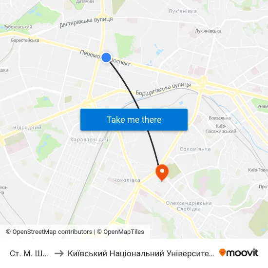 Ст. М. Шулявська to Київський Національний Університет Будівництва І Архітектури map