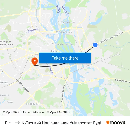 Лісова to Київський Національний Університет Будівництва І Архітектури map