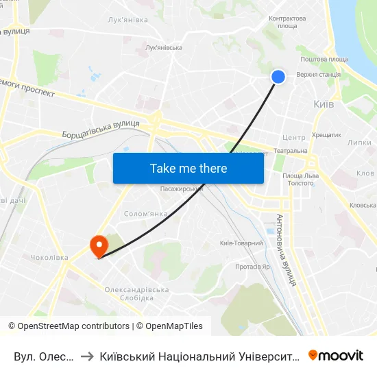 Вул. Олеся Гончара to Київський Національний Університет Будівництва І Архітектури map