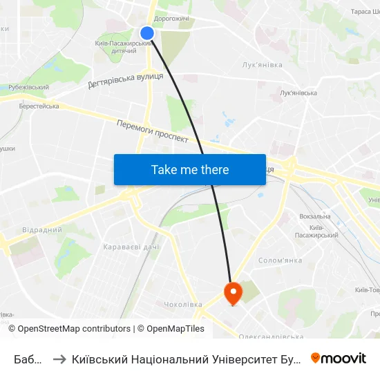 Бабин Яр to Київський Національний Університет Будівництва І Архітектури map