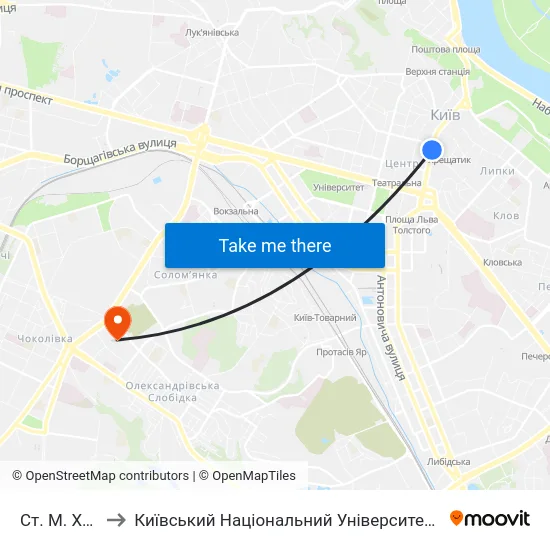 Ст. М. Хрещатик to Київський Національний Університет Будівництва І Архітектури map
