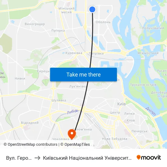 Вул. Героїв Дніпра to Київський Національний Університет Будівництва І Архітектури map