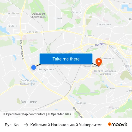 Бул. Кольцова to Київський Національний Університет Будівництва І Архітектури map