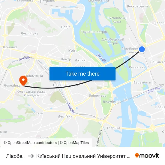 Лівобережна to Київський Національний Університет Будівництва І Архітектури map