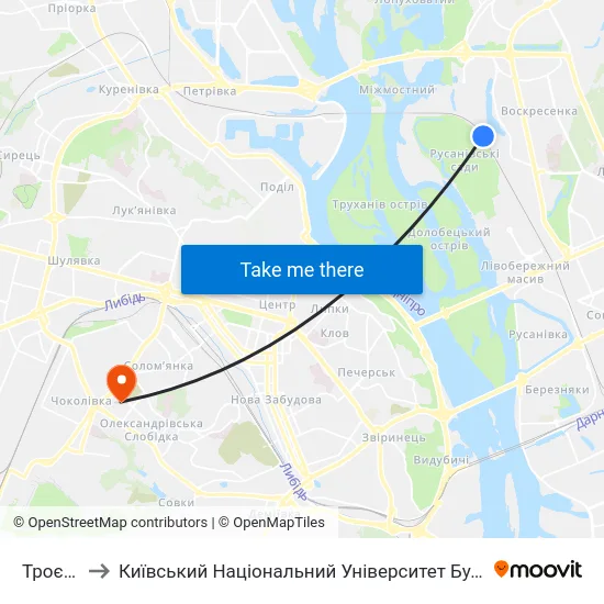 Троєщина to Київський Національний Університет Будівництва І Архітектури map