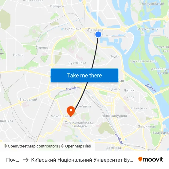 Почайна to Київський Національний Університет Будівництва І Архітектури map