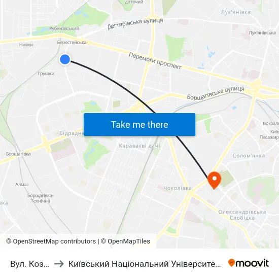 Вул. Козелецька to Київський Національний Університет Будівництва І Архітектури map