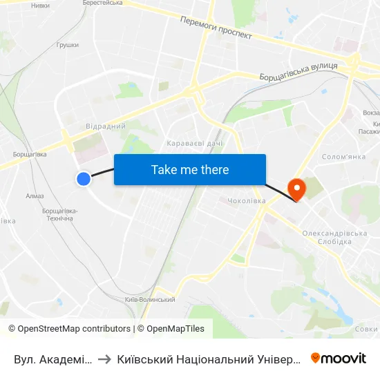 Вул. Академіка Білецького to Київський Національний Університет Будівництва І Архітектури map