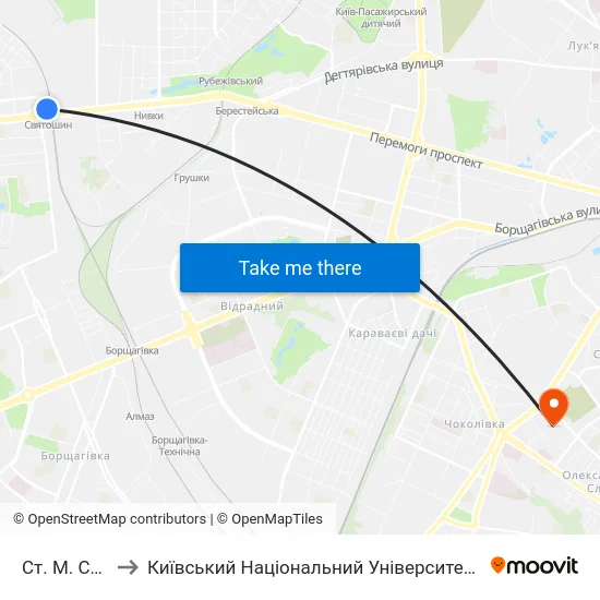 Ст. М. Святошин to Київський Національний Університет Будівництва І Архітектури map