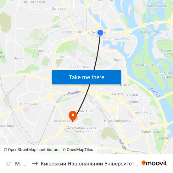 Ст. М. Почайна to Київський Національний Університет Будівництва І Архітектури map