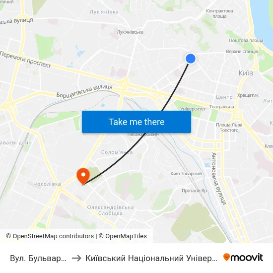 Вул. Бульварно-Кудрявська to Київський Національний Університет Будівництва І Архітектури map