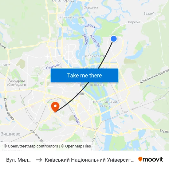 Вул. Милославська to Київський Національний Університет Будівництва І Архітектури map