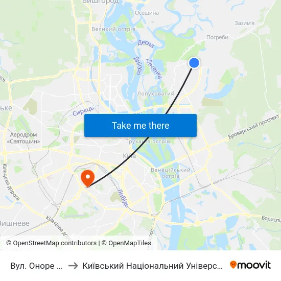 Вул. Оноре Де Бальзака to Київський Національний Університет Будівництва І Архітектури map