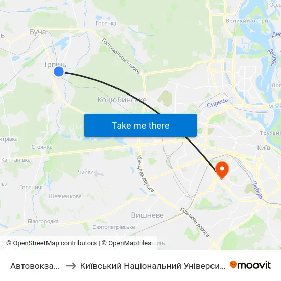 Автовокзал (М. Ірпінь) to Київський Національний Університет Будівництва І Архітектури map