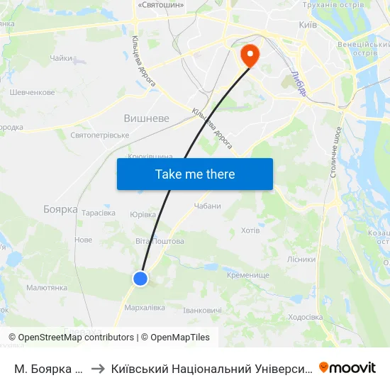М. Боярка (На Вимогу) to Київський Національний Університет Будівництва І Архітектури map