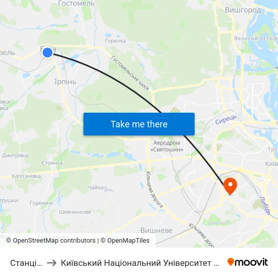 Станція Буча to Київський Національний Університет Будівництва І Архітектури map