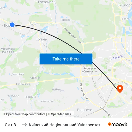 Смт Ворзель to Київський Національний Університет Будівництва І Архітектури map