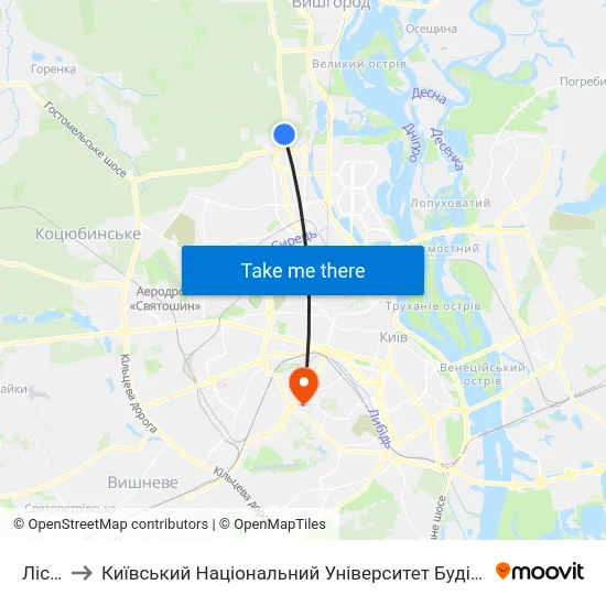 Лісова to Київський Національний Університет Будівництва І Архітектури map