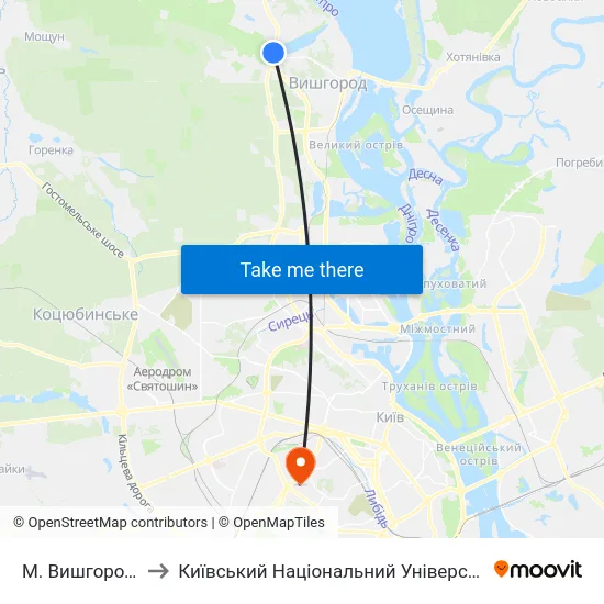 М. Вишгород (Дідовиця) to Київський Національний Університет Будівництва І Архітектури map