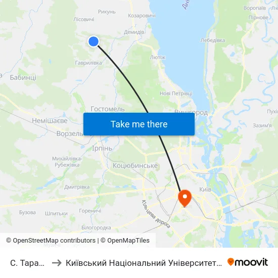 С. Тарасівщина to Київський Національний Університет Будівництва І Архітектури map