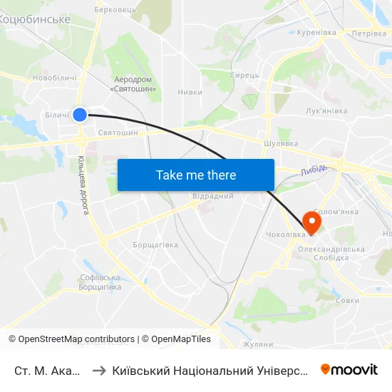 Ст. М. Академмістечко to Київський Національний Університет Будівництва І Архітектури map
