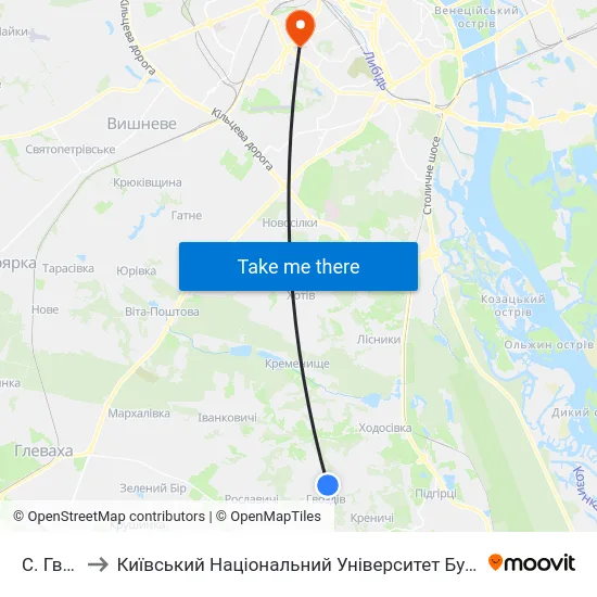 С. Гвоздів to Київський Національний Університет Будівництва І Архітектури map