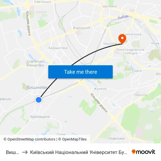 Вишневе to Київський Національний Університет Будівництва І Архітектури map