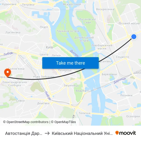 Автостанція Дарниця (Платформа №8) to Київський Національний Університет Будівництва І Архітектури map
