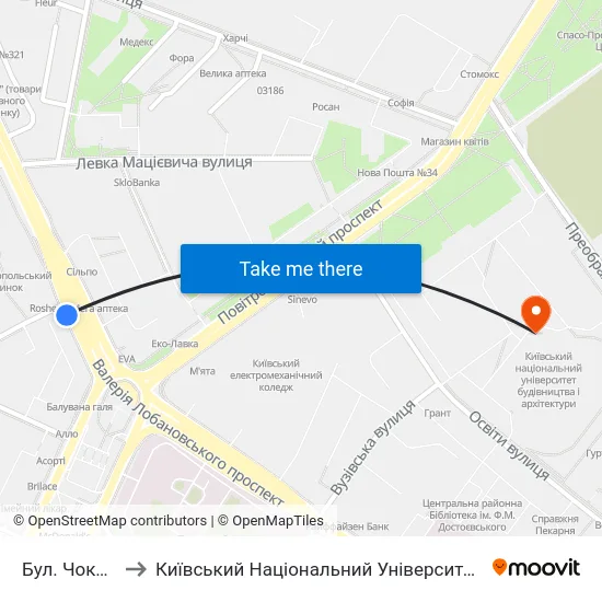 Бул. Чоколівський to Київський Національний Університет Будівництва І Архітектури map