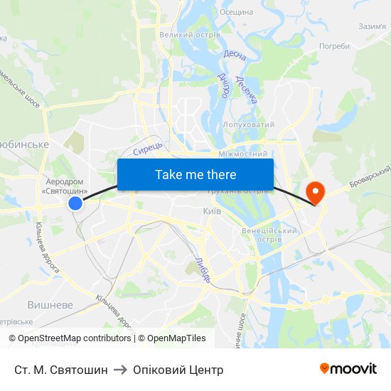 Ст. М. Святошин to Опіковий Центр map