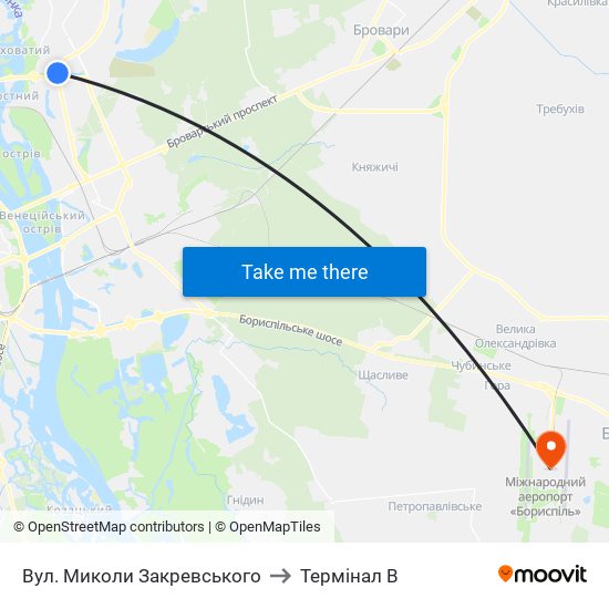 Вул. Миколи Закревського to Термінал B map