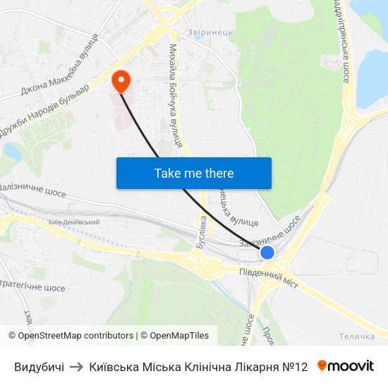 Видубичі to Київська Міська Клінічна Лікарня №12 map