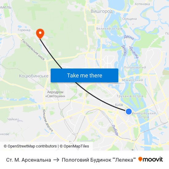 Ст. М. Арсенальна to Пологовий Будинок ""Лелека"" map