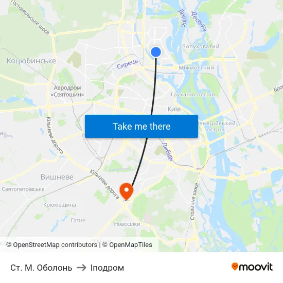 Ст. М. Оболонь to Іподром map